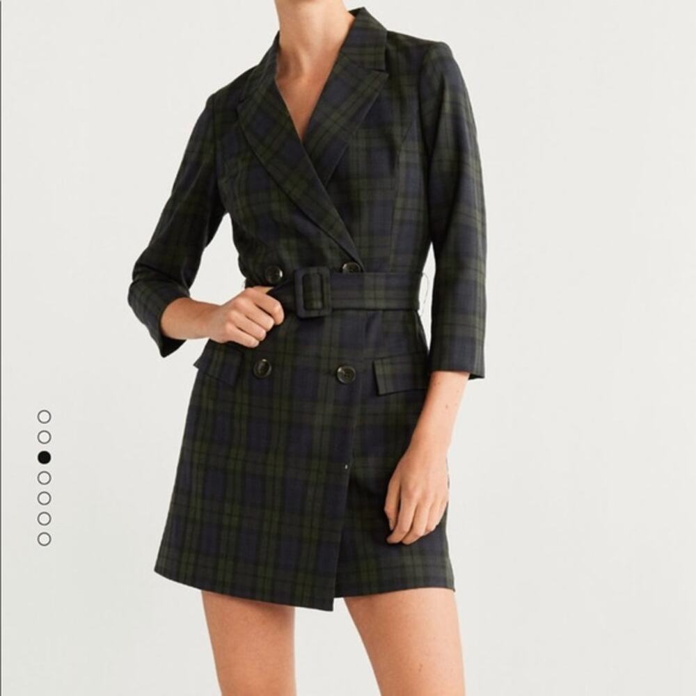 Mango Double Breasted Blazer Dress Black Green Check with Belt